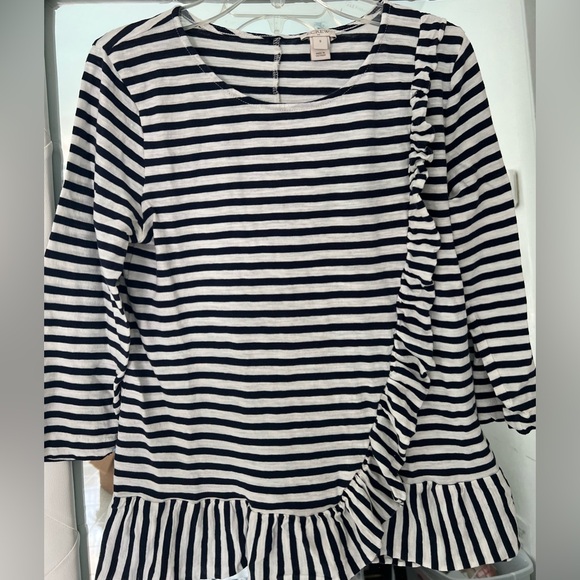 J. Crew Factory Tops - J Crew Factory Blue & White Striped Side Ruffle 3/4 Sleeve Cotton Top Size S